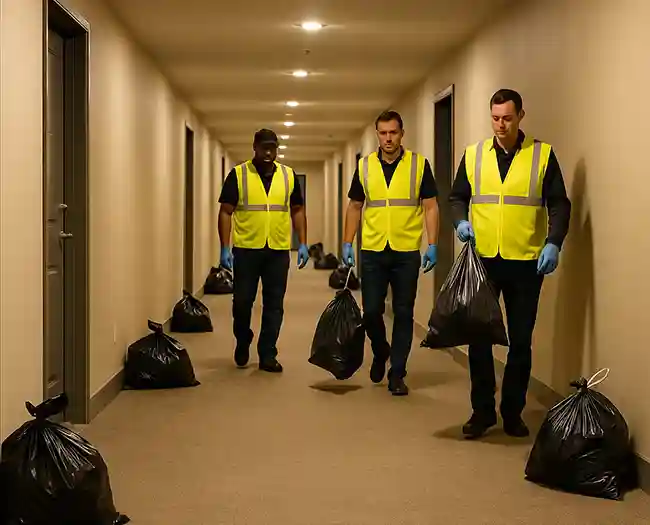 Three trash valet workers carrying full black trash bags down a hallway