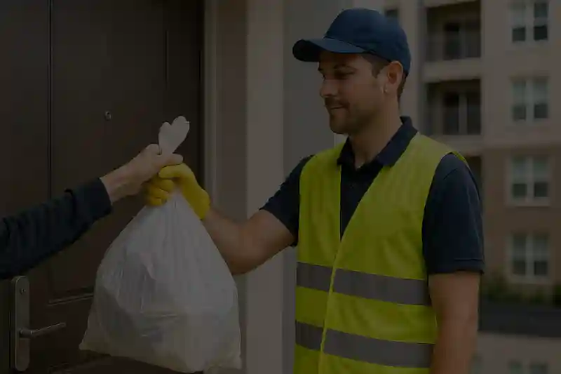 Resident handing a bag of trash to a uniformed valet trash attendant