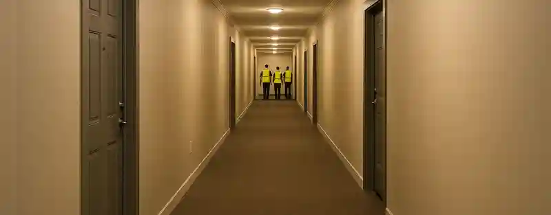 Three valet trash service attendants in a residential apartment corridor