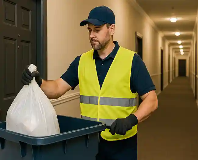 Trash valet worker disposing a full garbage bag into a waste bin at an apartment complex