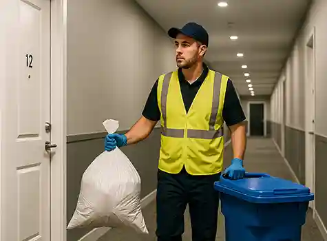 Trash valet worker carrying a garbage bag and bin while approaching door number 12