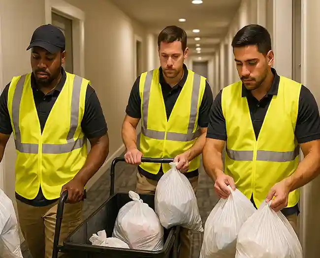 Trash valet workers collecting garbage bags in an apartment hallway