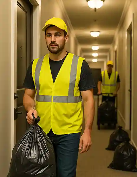 Trash valet worker carrying a garbage bag in apartment hallway